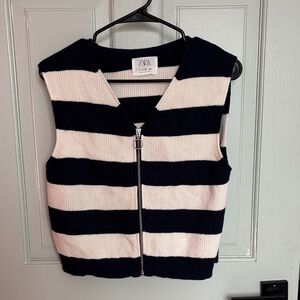 Zara Navy & White Striped Zip-Up Knit Vest adult XS tagged kids 11-12